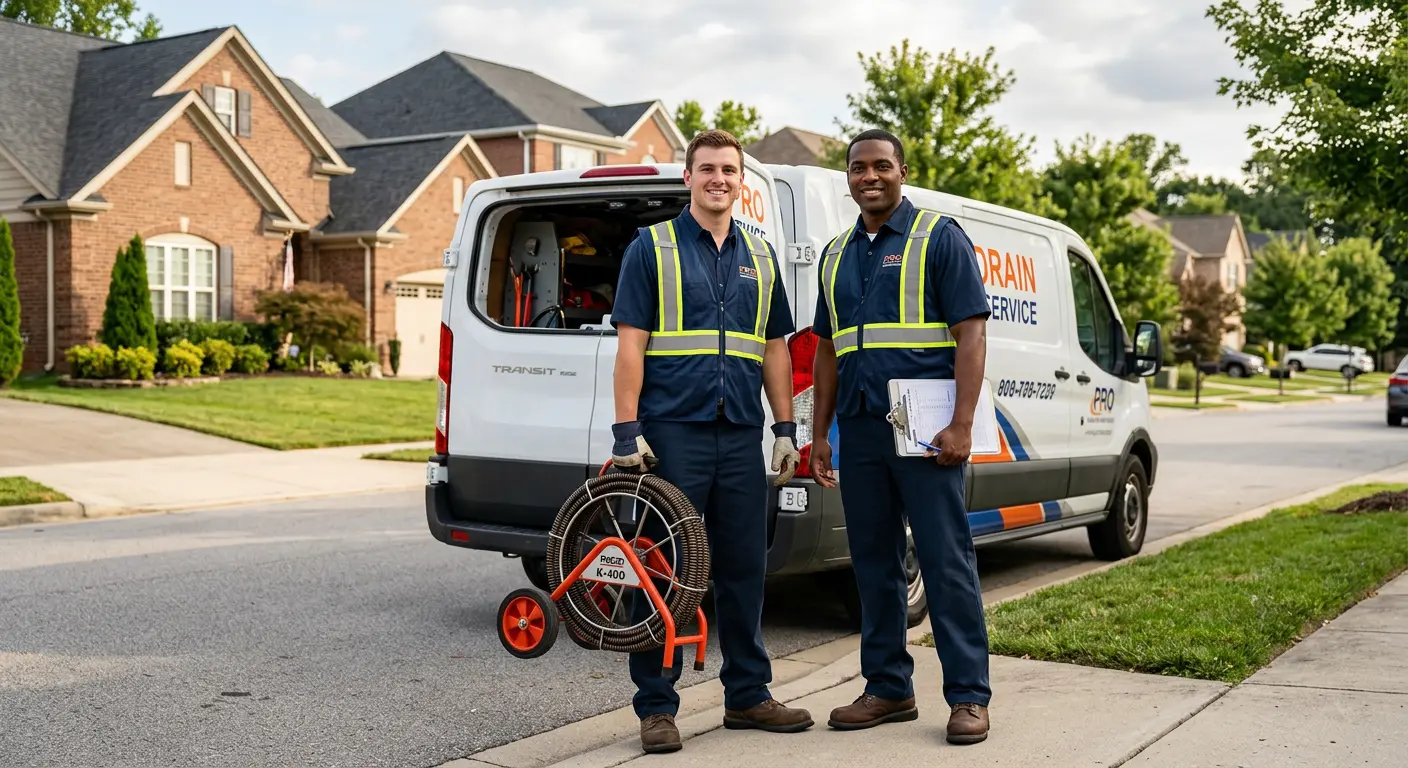Sewer and drain service team with equipment ready for work in Oak Hill