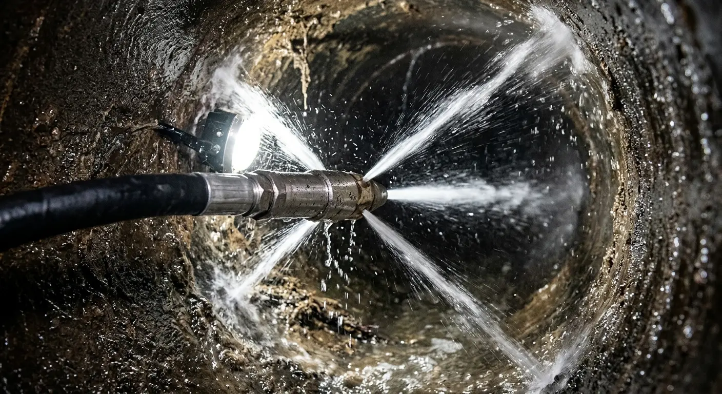 High-pressure hydro jetting nozzle cleaning sewer pipe for Emergency Drain Service in Oak Hill