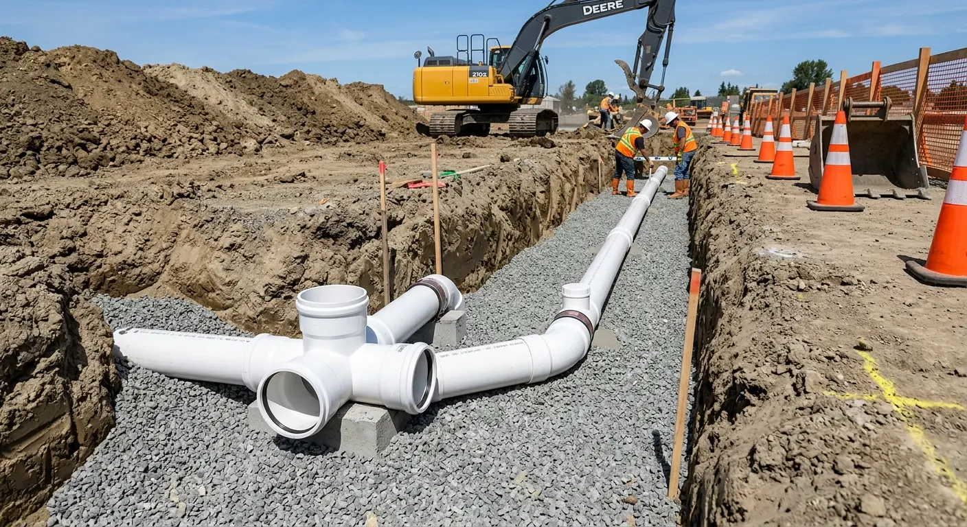 New PVC sewer pipe installation in open trench for Sewer Backup in Oak Hill