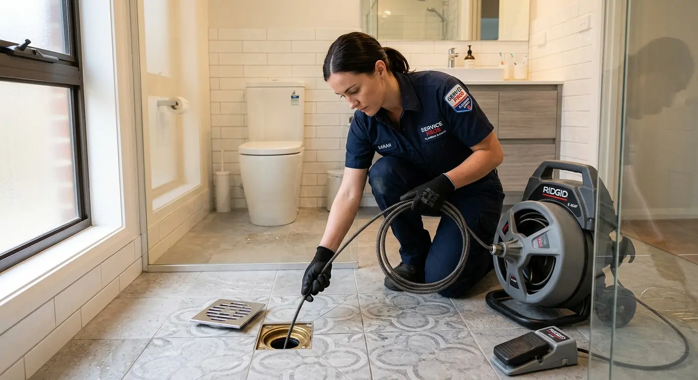 Technician clearing a bathroom floor drain for Drain Cleaning in Oak Hill